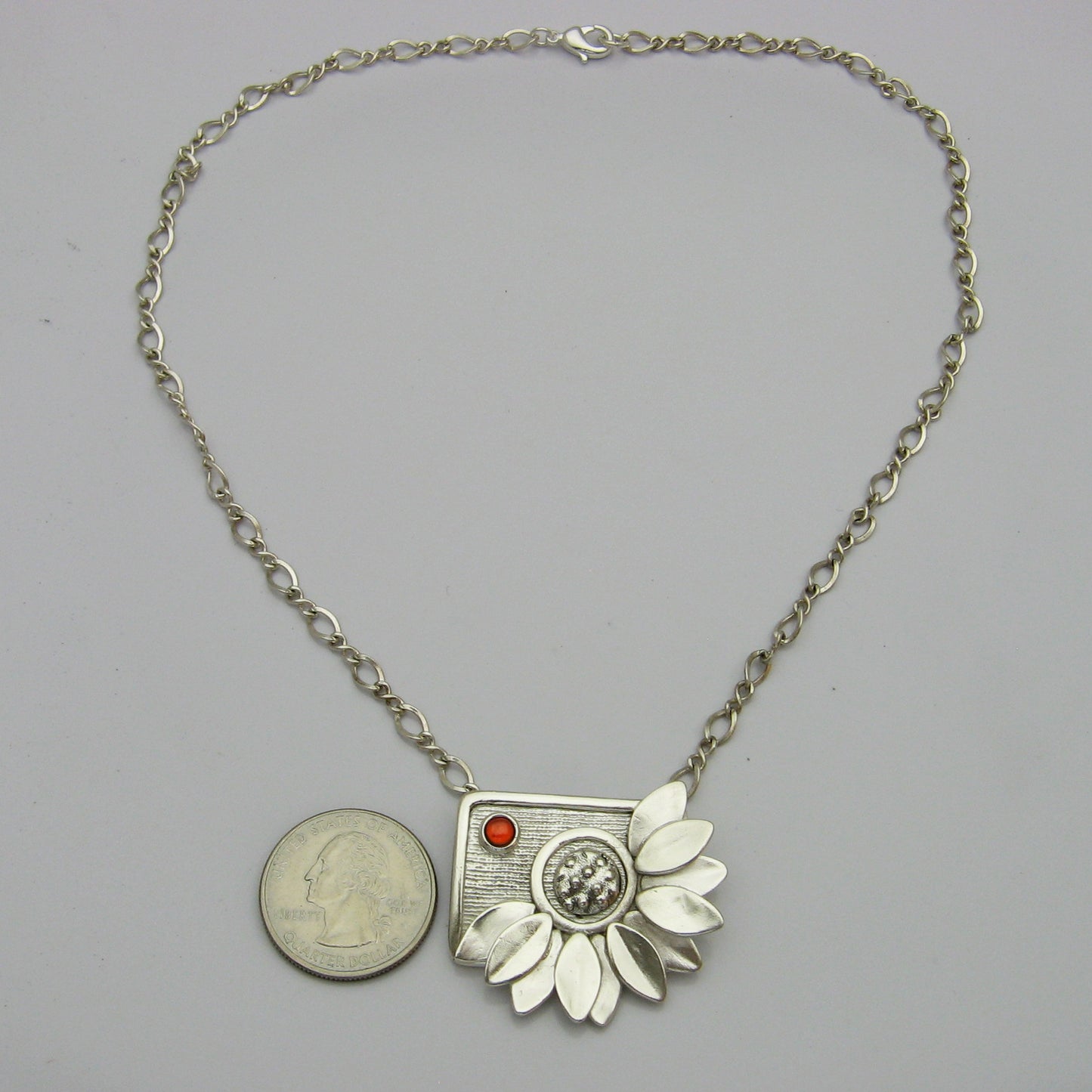 Silver Daisy Flower Necklace with Fire Opal Cubic Zirconia