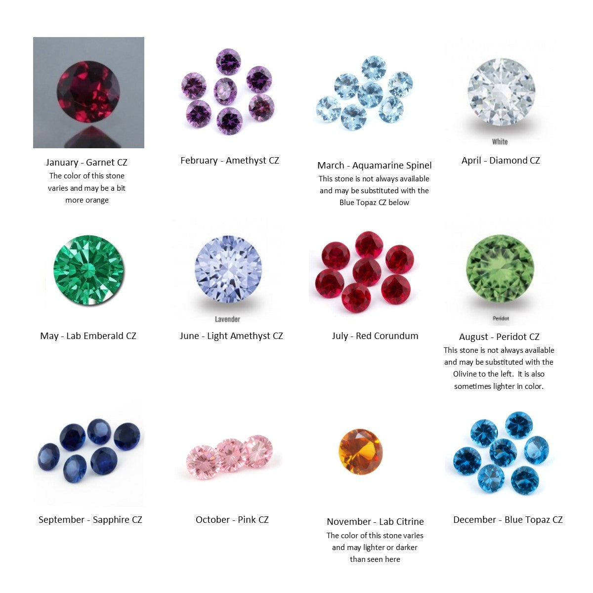 This Birthstone Chart shows the birthstones that will be used to make your Silver Rustic Birthstone Tree Necklace 