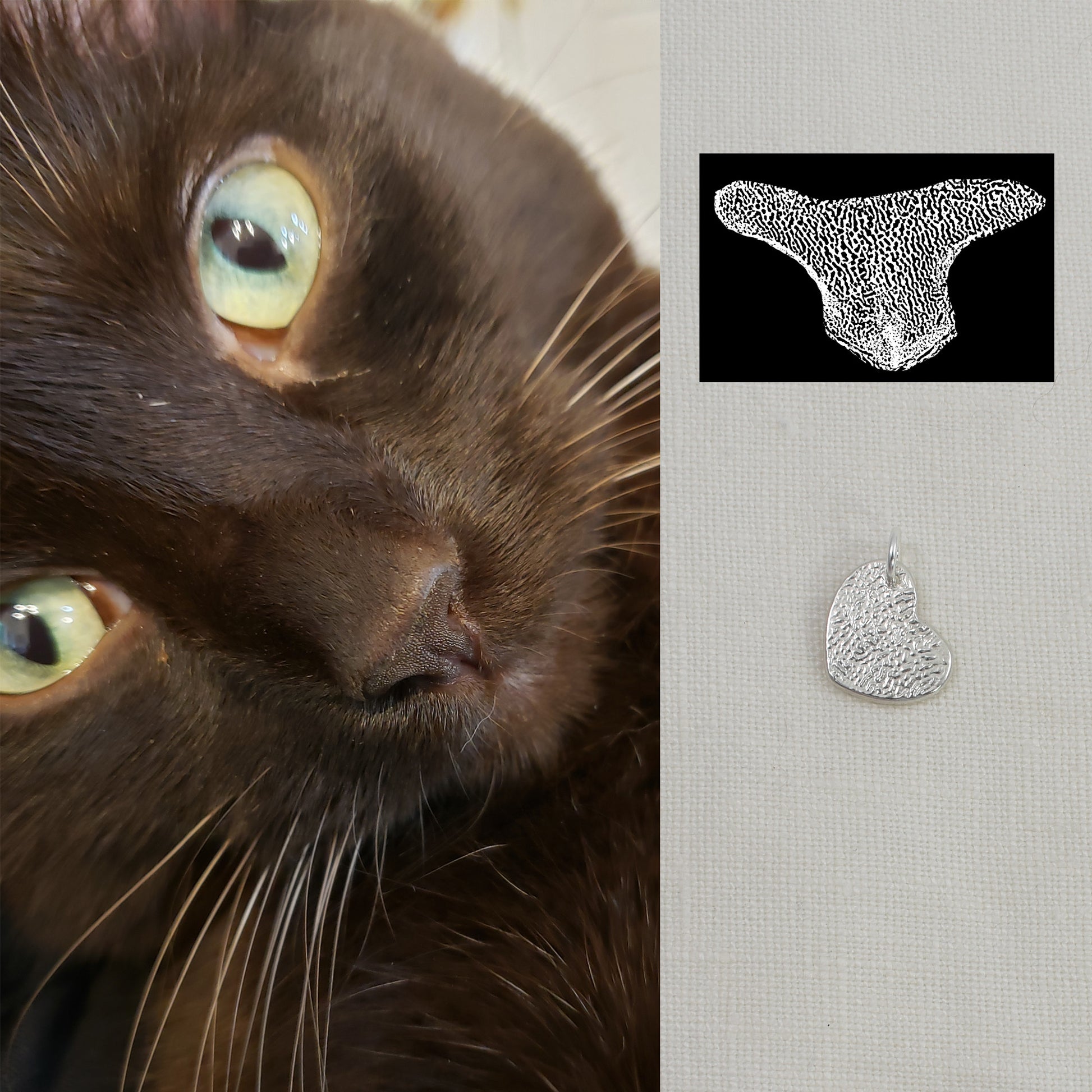 Cat Nose Textured Heart Pendant with Photo of Cat and Line Drawing Of Nose Texture