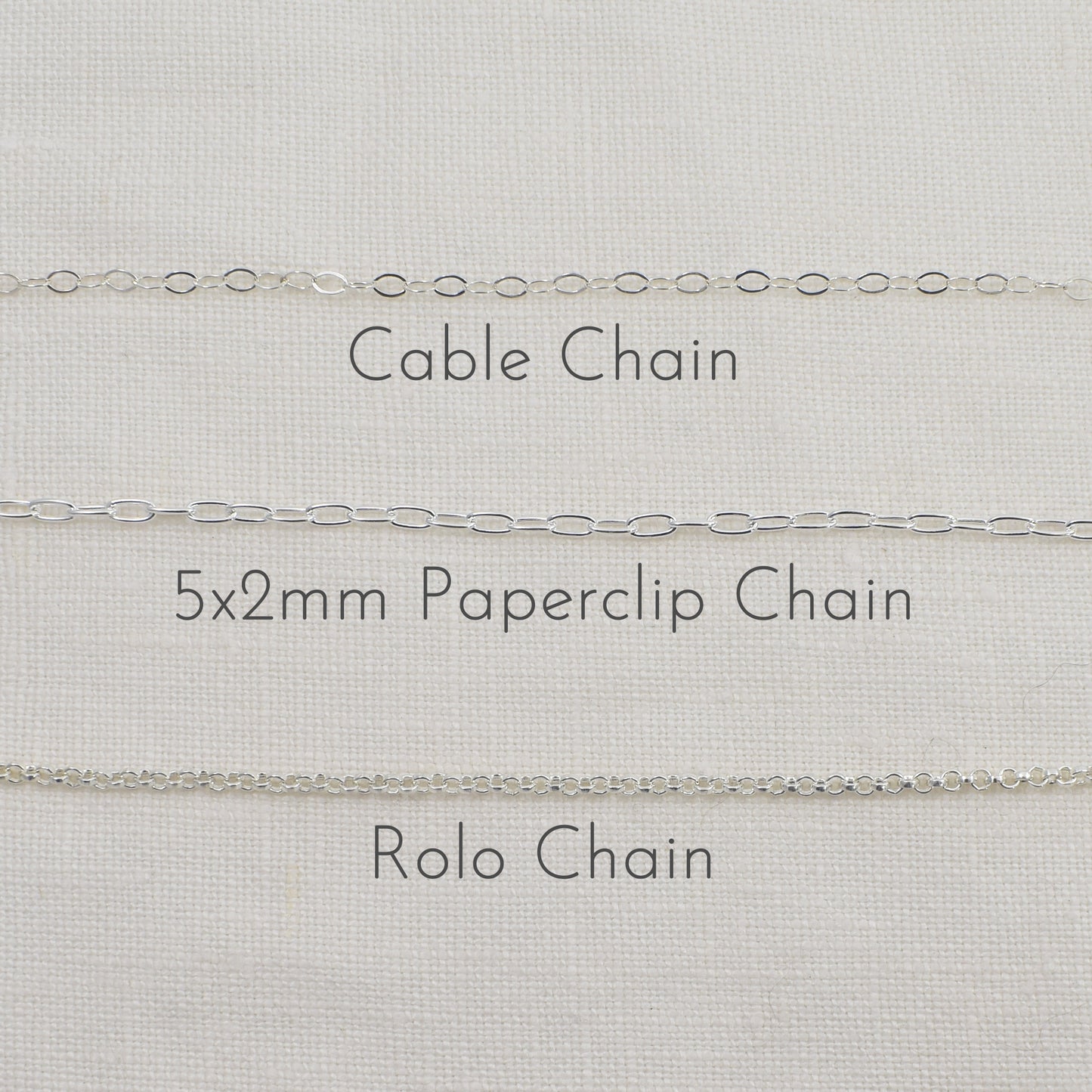 Chain Options shown from top to bottom include cable chain, paperclip chain and rolo chain.