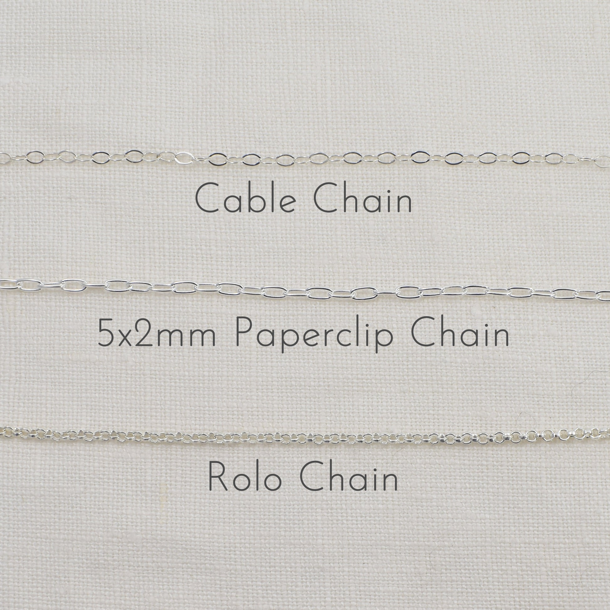 Chain Options shown from top to bottom include cable chain, paperclip chain and rolo chain.