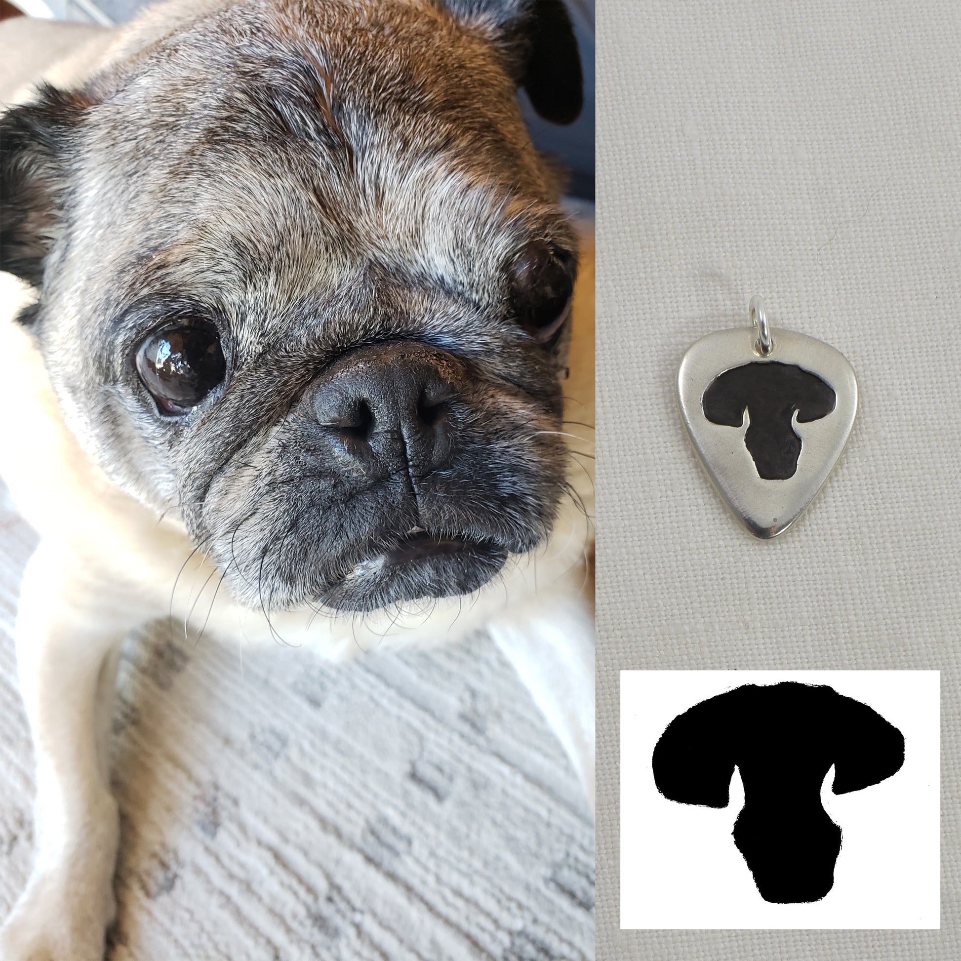 Dog Nose Guitar Pick Pendant Shown with Photo of Dog