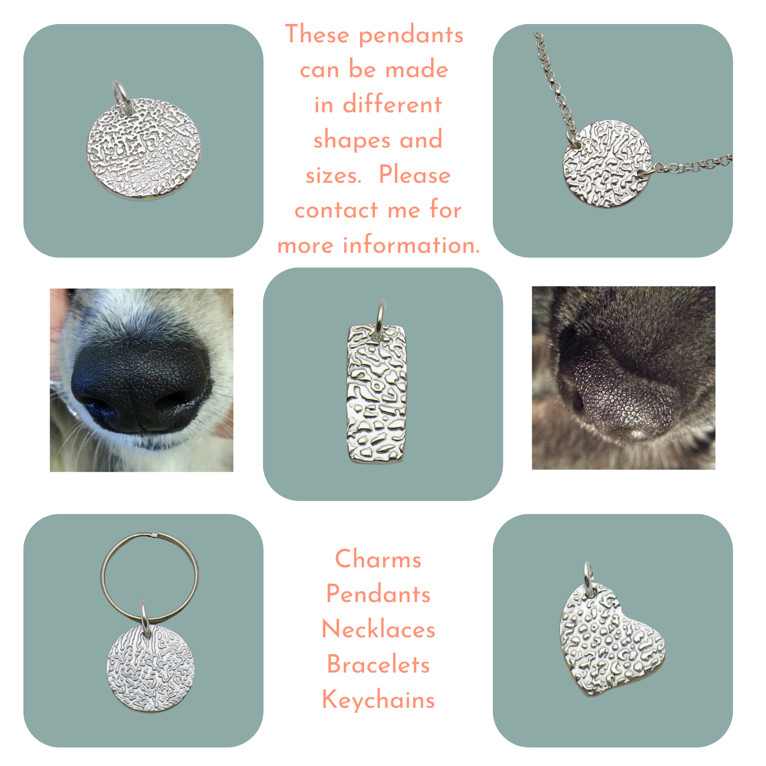 Photo collage of dog nose textured pendants