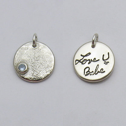 Double Side Circle Fingerprint Pendant with Birthstone with handwriting on back