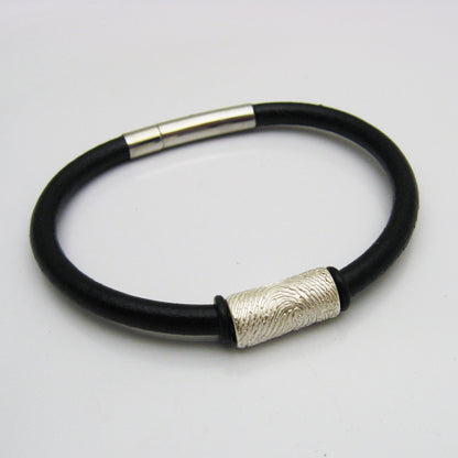 Sterling Silver Fingerprint Bead and Leather Cord Bracelet