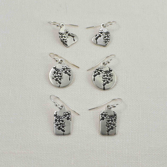 Sterling Silver Forget Me Not Flower Earrings.  The three different shapes shown are heart, circle and rectangle