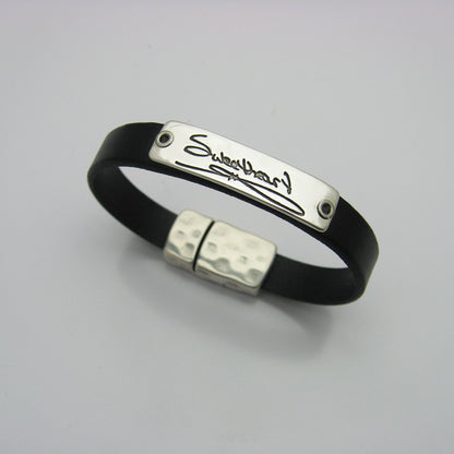 Handwriting Bar Narrow Leather Cuff Bracelet