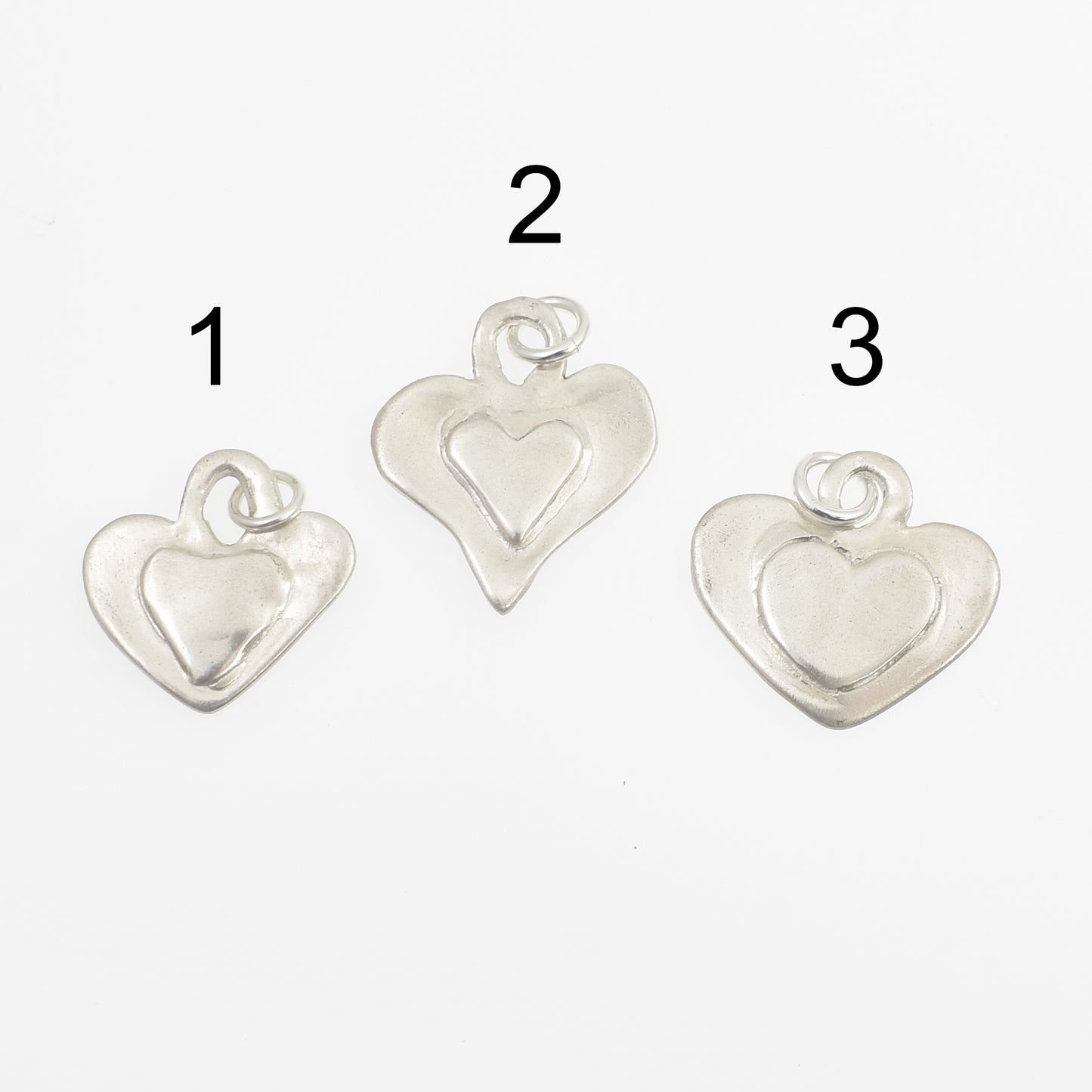 Sterling Silver Heart on Heart Charms All 3 Designs with numbers above for ordering