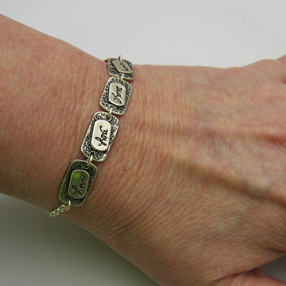 Sterling Silver Handwriting Layered Elements Link Bracelet Shown on wrist