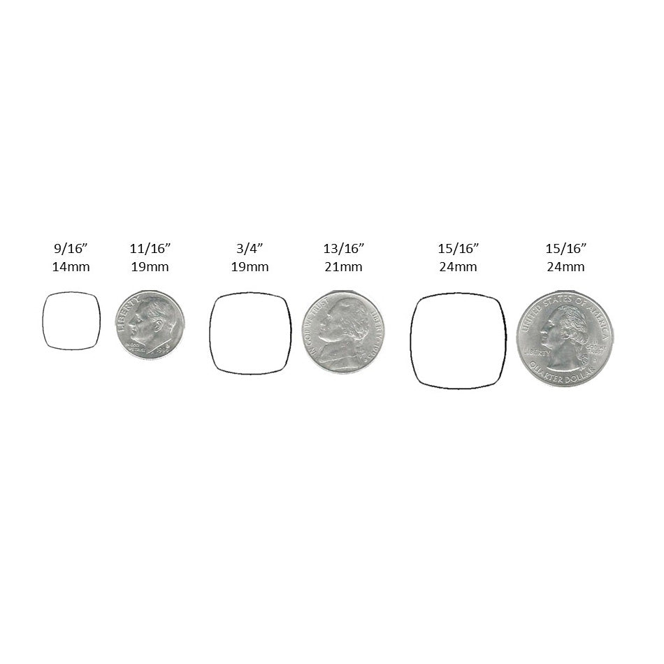 Examples of square sizes shown next to United States coins for size reference