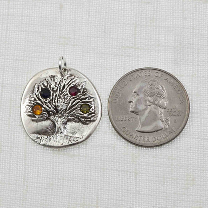 Rustic Birthstone Tree Pendant shown with quarter for size reference