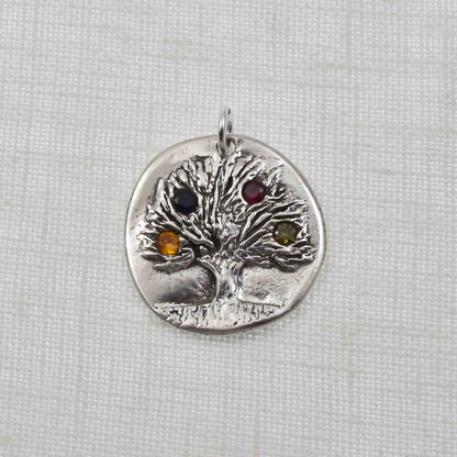 Silver Rustic Birthstone Tree Pendant  with four birthstones
