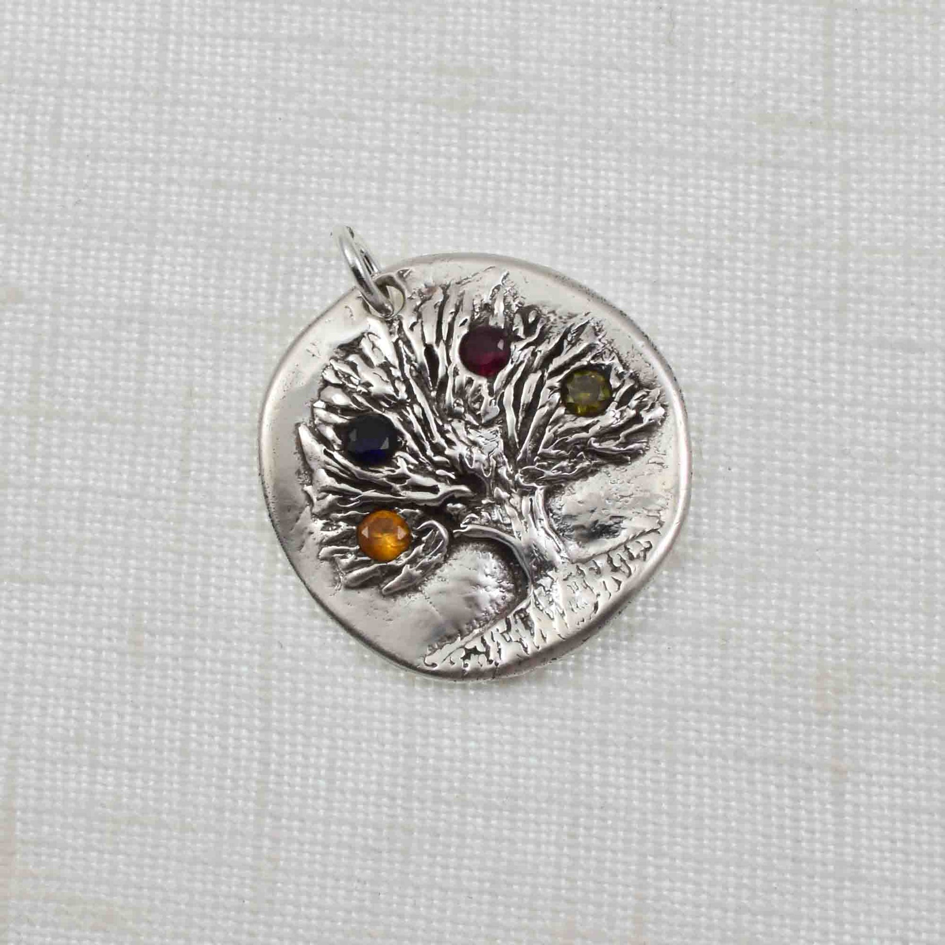 Silver Rustic Birthstone Tree Pendant with four birthstones