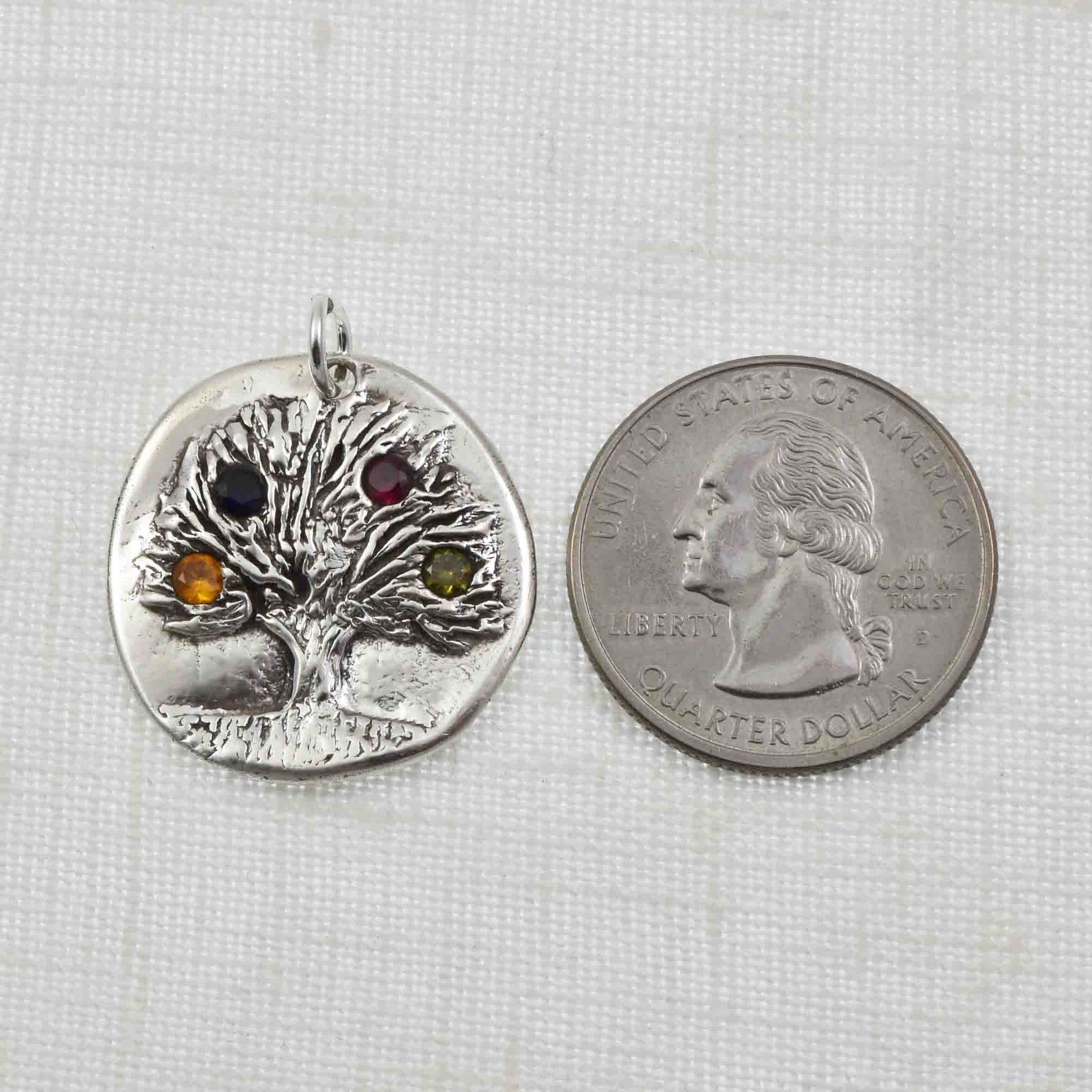 Silver Rustic Birthstone Tree Pendant with 4 birthstones shown with a United States quarter for size reference