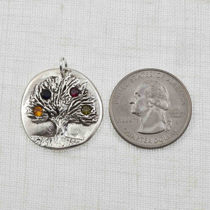 Silver Rustic Birthstone Tree Pendant with 4 birthstones shown with a United States quarter for size reference