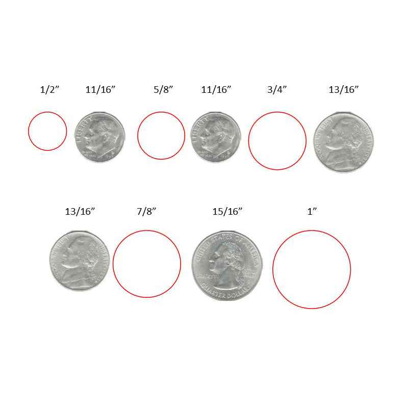 Examples of circle sizes shown next to United States coins for size reference