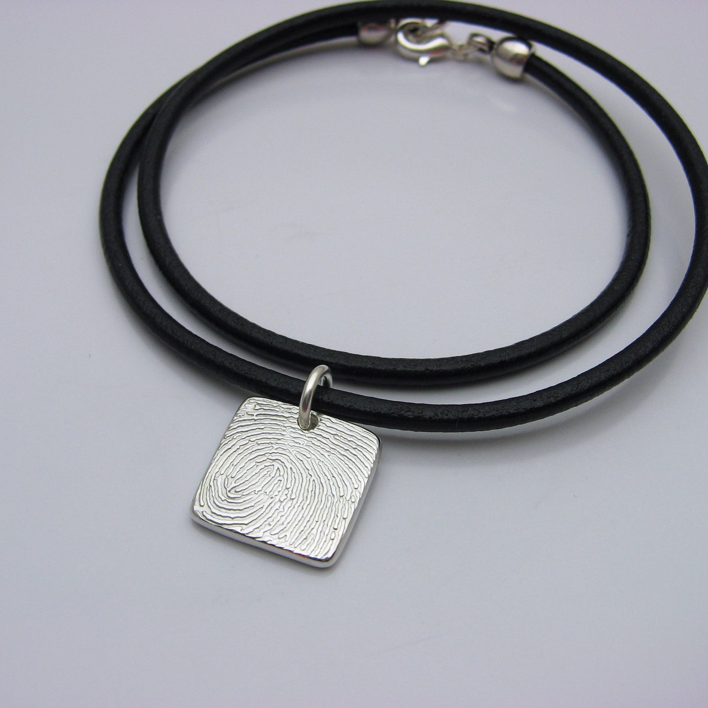 Square Fingerprint Pendant on Leather Cord Necklace