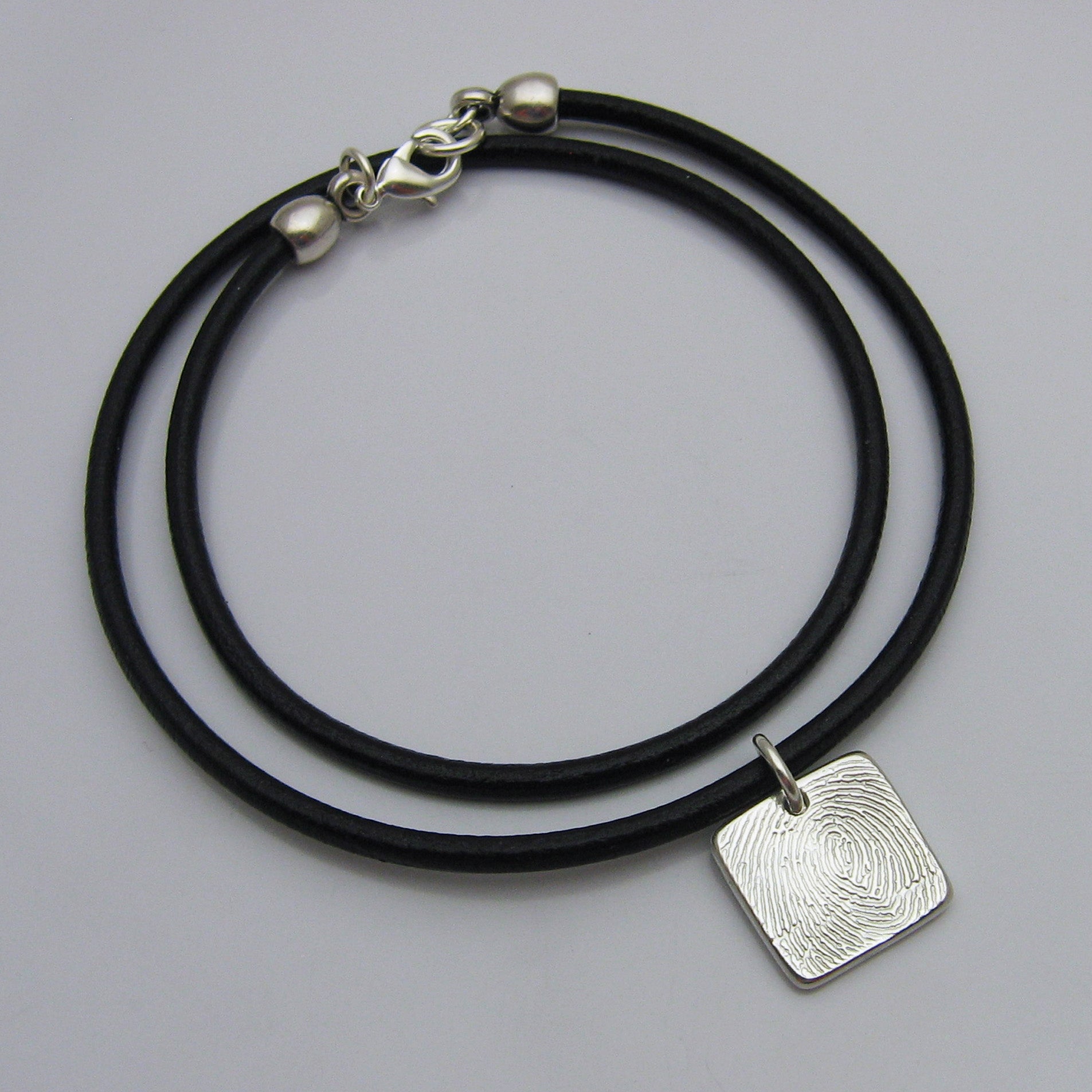 Square Fingerprint Pendant on Leather Cord Necklace