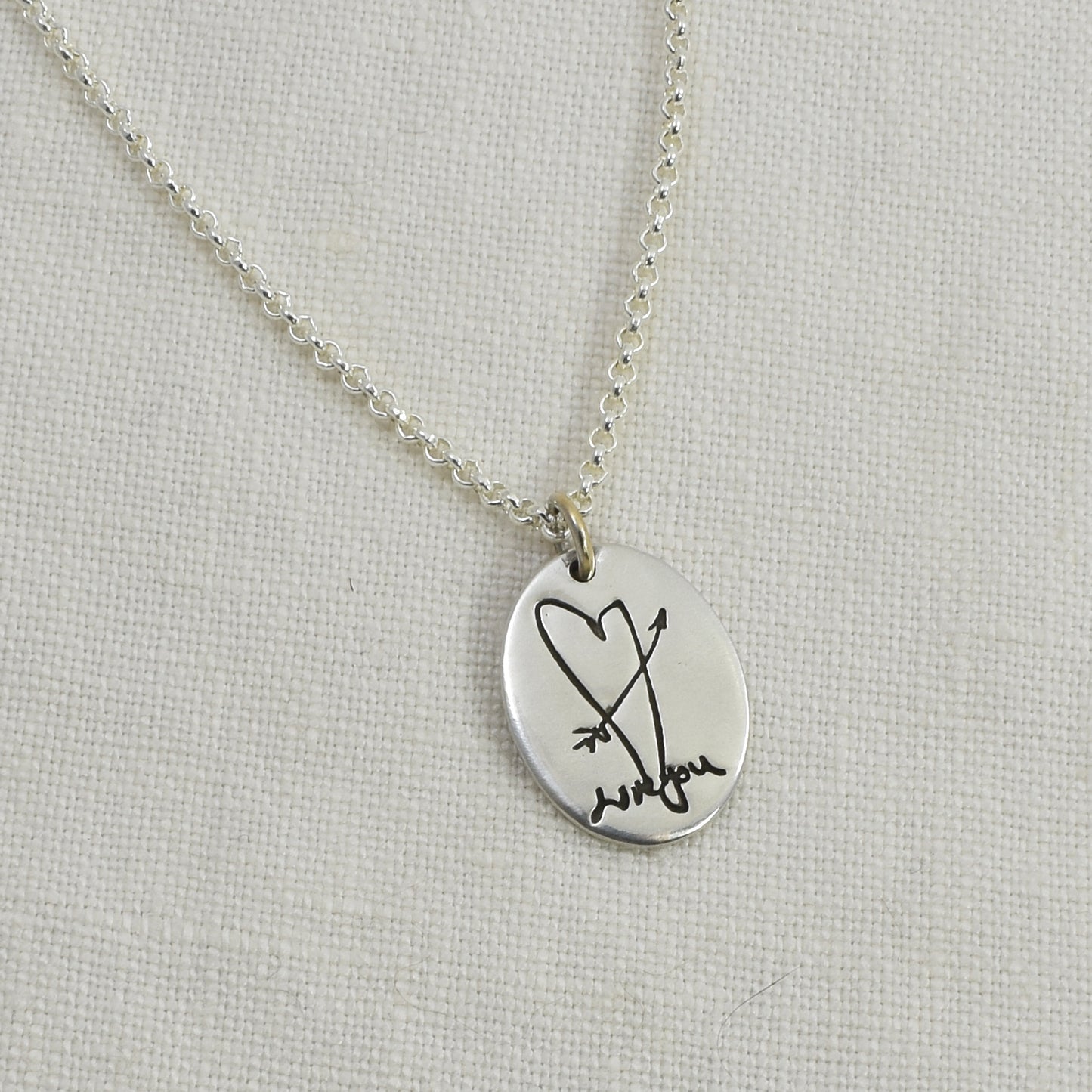 Sterling Silver Oval Pendant Engraved with Handwriting on a sterling silver rolo chain