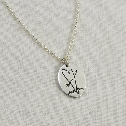 Sterling Silver Oval Pendant Engraved with Handwriting on a sterling silver rolo chain