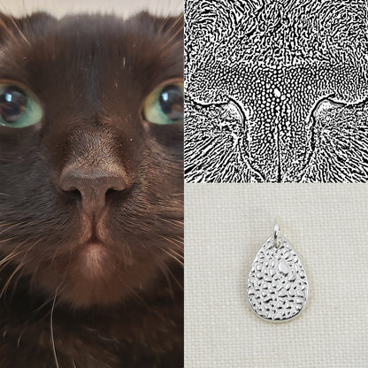 Photo collage shows includes photo of cat nose, cat nose line art and cat nose teardrop pendant