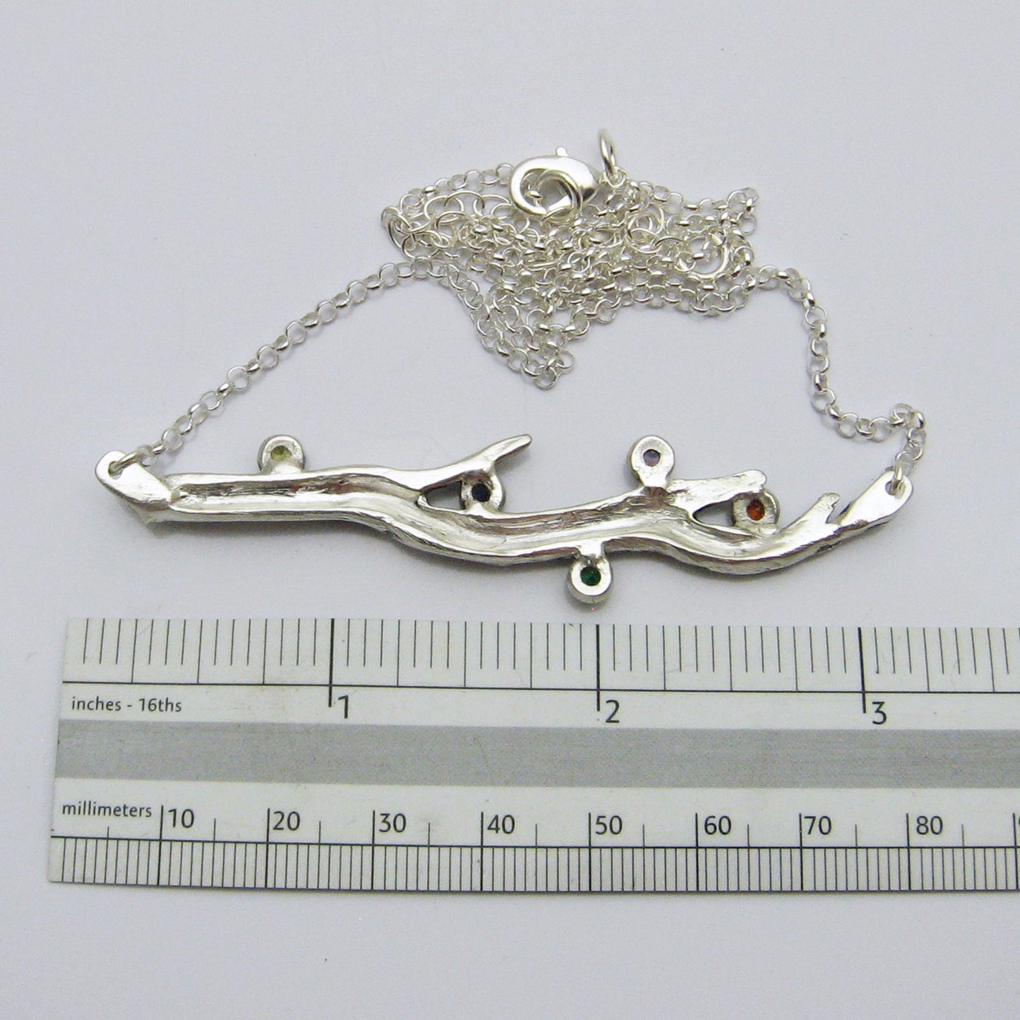 Birthstone Tree Branch Necklace back with ruler for size reference