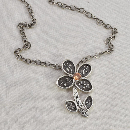 Silver Whimsical Flower Necklace With Citrine Cubic Zirconia