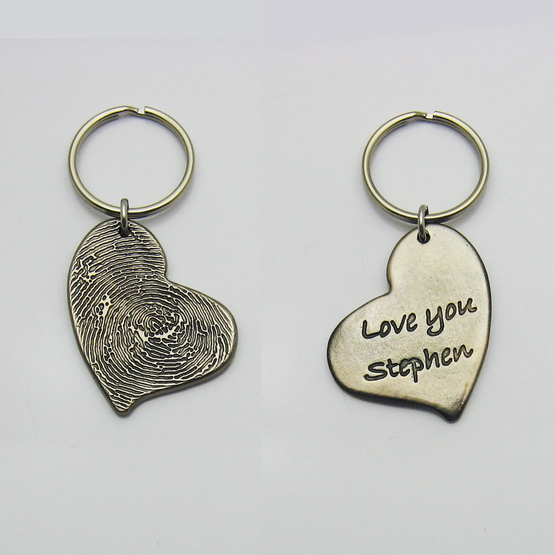 Double Side Rustic Metal Asymmetrical Heart Fingerprint Keychain