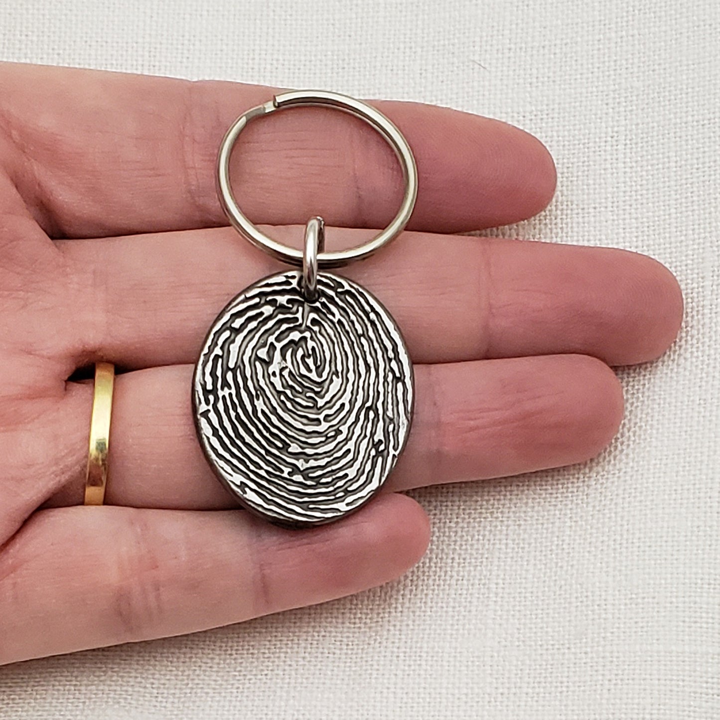 Rustic Metal Oval Fingerprint Keychain