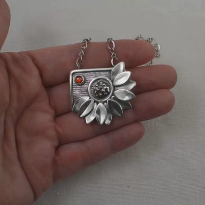 Silver Daisy Flower Necklace with Fire Opal Cubic Zirconia